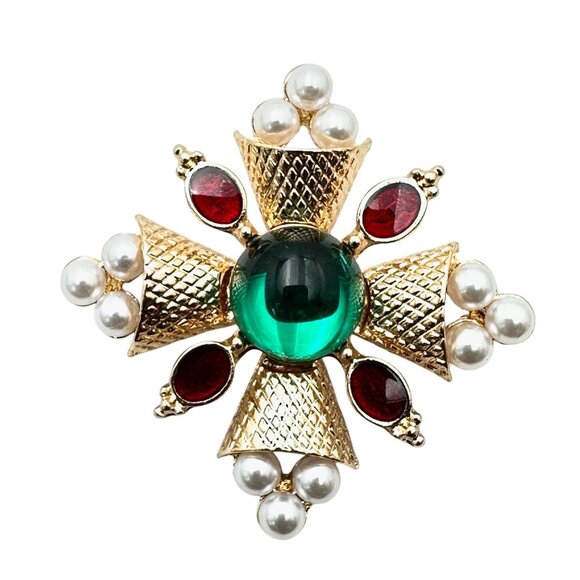 Red Green Rhinestone Gold Tone Maltese Cross Statement Brooch Pin New - Picture 1 of 4